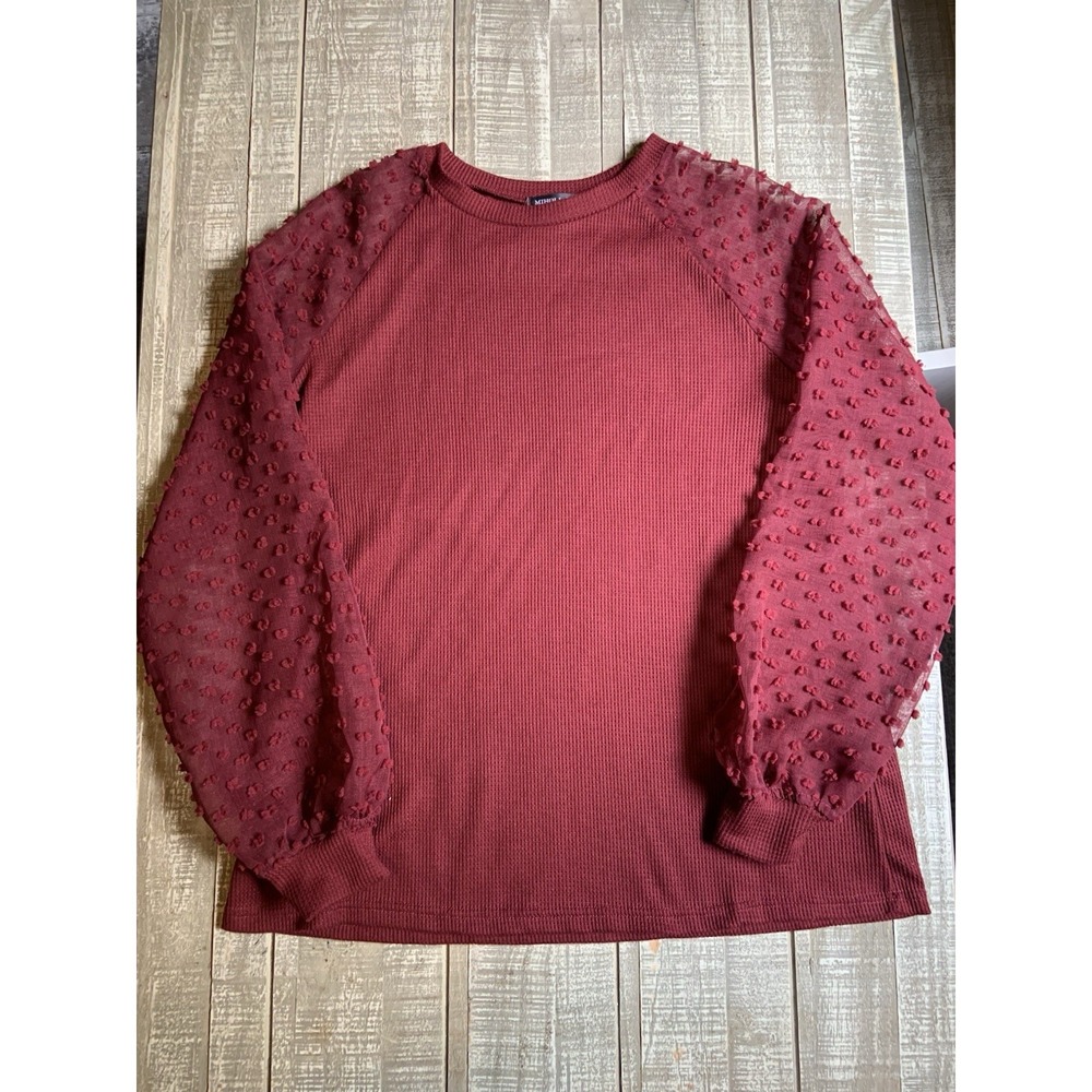 Miholl Women's Burgundy Dot Mesh Sheer Lantern Puff Sleeve Blouse Size Large